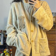 网红新款泰迪熊睡衣冬季珊瑚绒保暖长袖长裤套装美少女外穿家居服