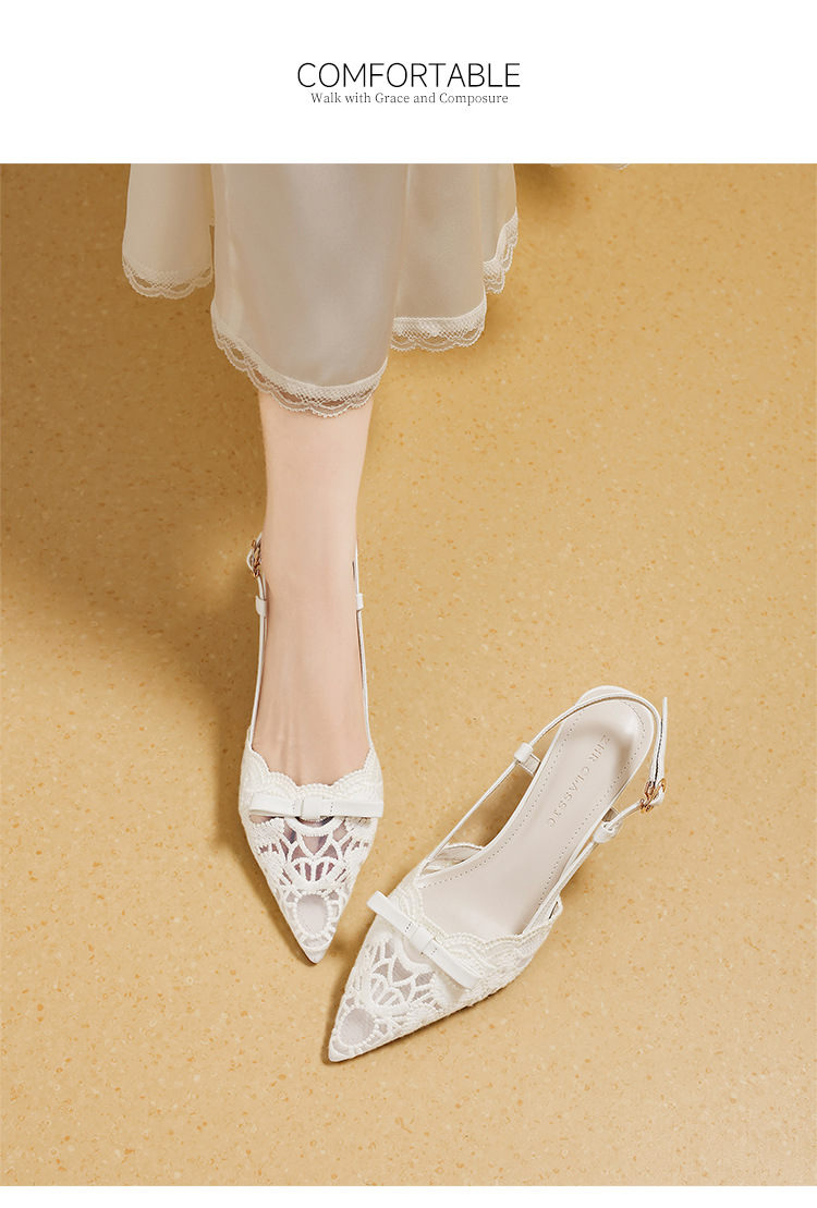 Giày sandal cao gót nữ mũi nhọn hở mũi ren lưới thoáng khí phong cách Pháp — IE109 Màu be chi tiết 18