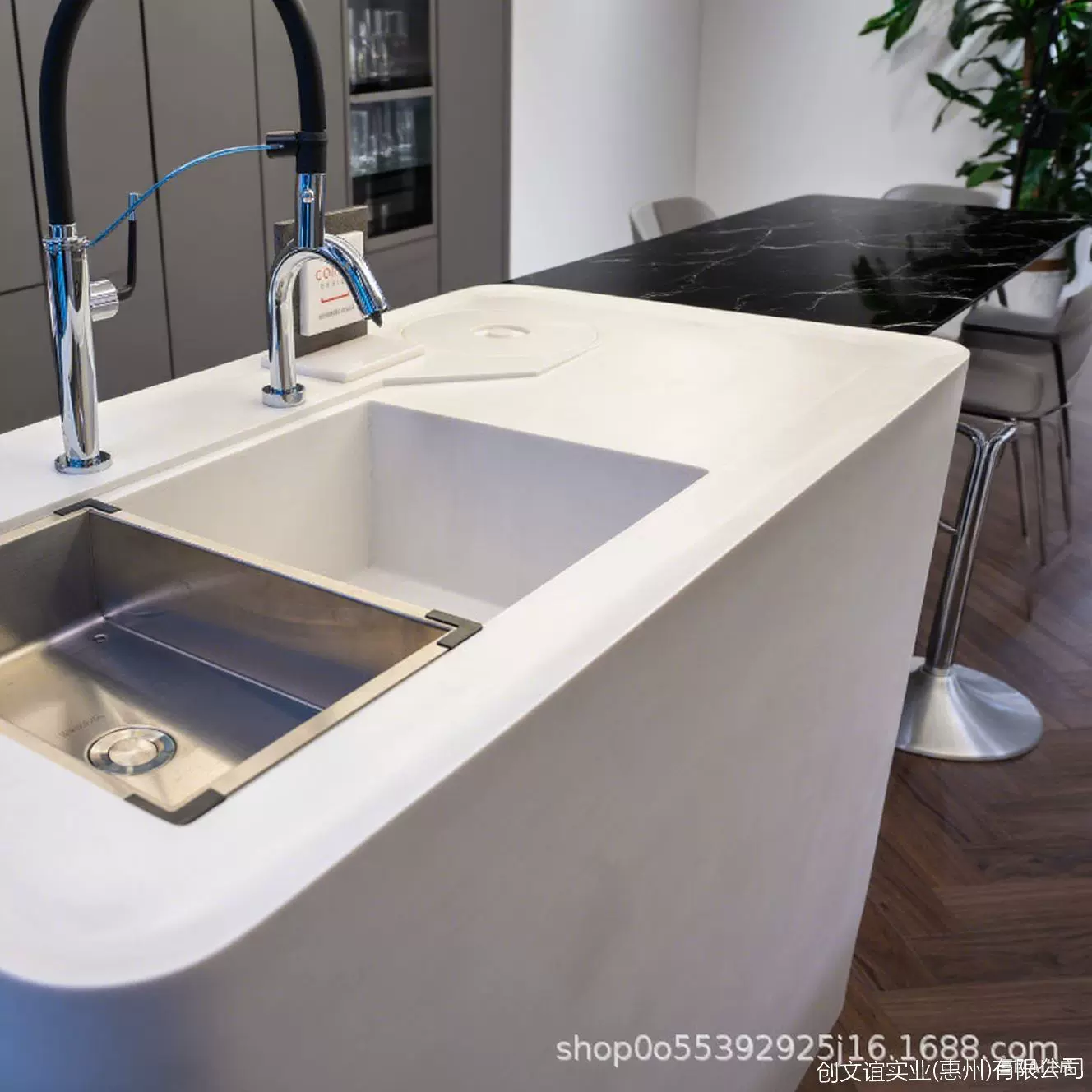 一体台面水槽厨房卫生洗浴洗手定制厨卫嵌入式水龙头集成人造石