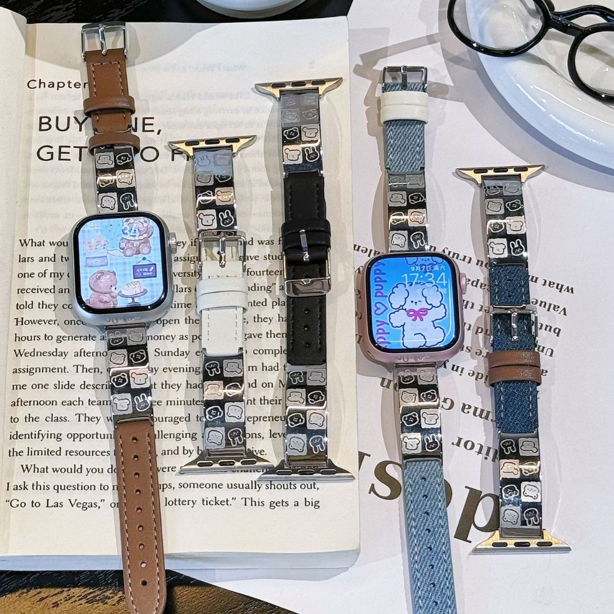 For Apple iwatch76 Huawei Mi Band 9/8 Bear Rabbit Metal Curved Denim Leather Strap S10