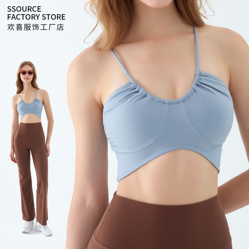 All-In-One Yoga Bra with Spaghetti Straps, Cross-Back, Shock-Proof Push-Up Sports Bra, Women's Pilates Fitness Vest