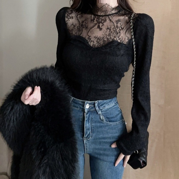 French High-Neck Lace Splicing Women's Autumn New Style Bottoming Shirt with Pure Lust Style Long-Sleeved Top Cream White