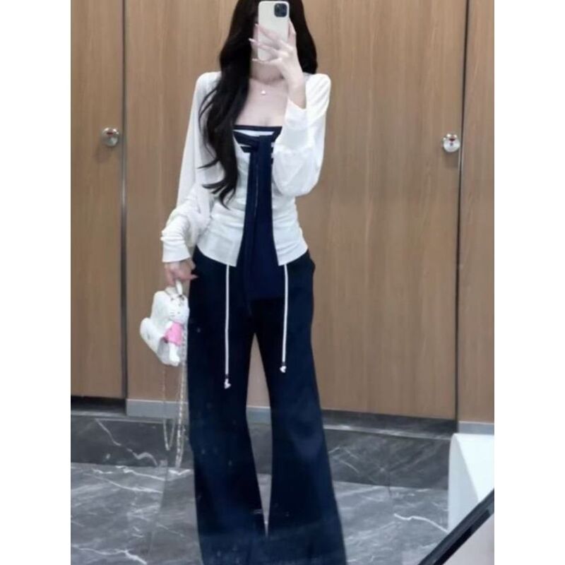 三件套女2025早秋辣妹v领薄款长袖罩衫条纹抹胸高腰显瘦休闲裤潮|undefined