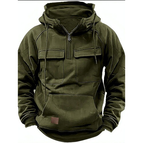 Spring and Autumn Men's Hooded Solid Color Sweatshirt, European and American Youth Sports Multi-Pocket Faux Fur Sweatshirt Jacket
