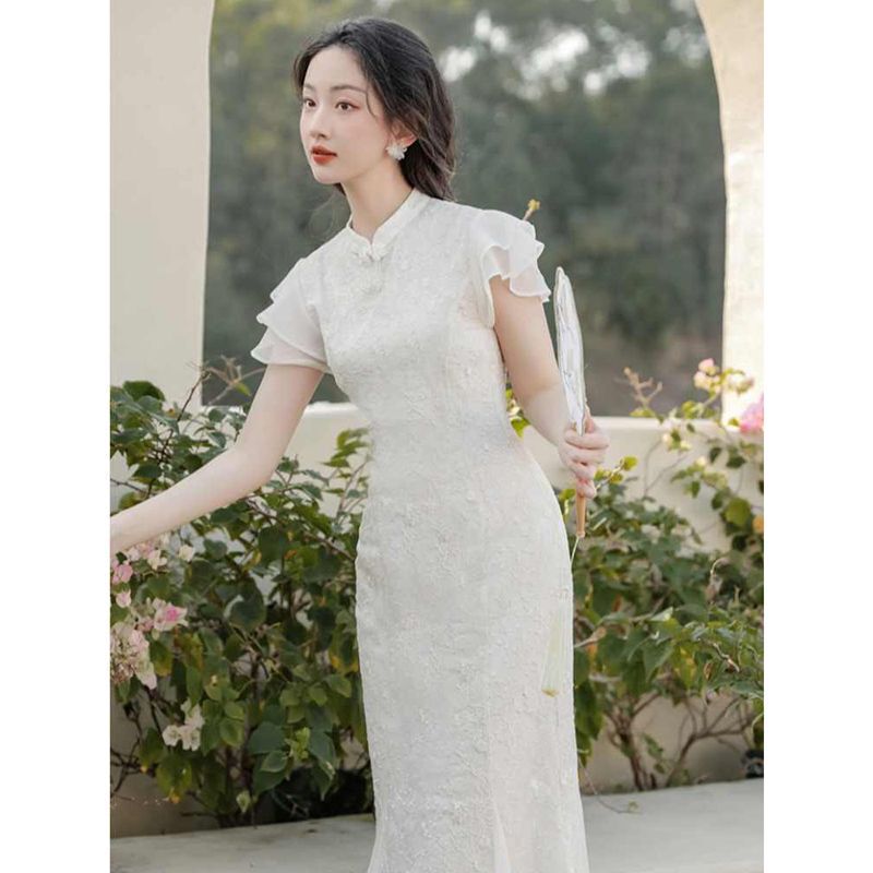 New Chinese Style Improved Cheongsam White Hanfu dress Women's Summer High-end Engagement Dress Bridesmaid Fishtail Dress
