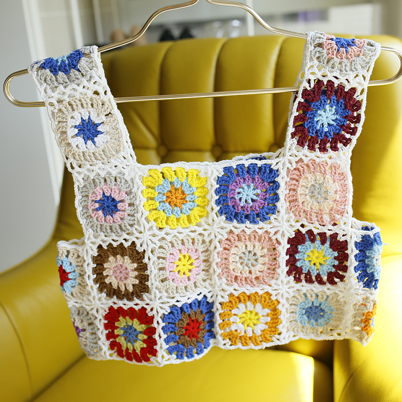 Pure hand-woven plaid sweater summer sweet girl clothing accessories wool crocheted vest finished product