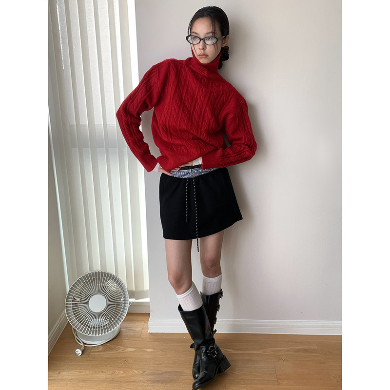 Dorothy Christmas Red South Korea Fashionable Jacquard Turtleneck Knitted Sweater Lazy All-match Pullover Sweater Top