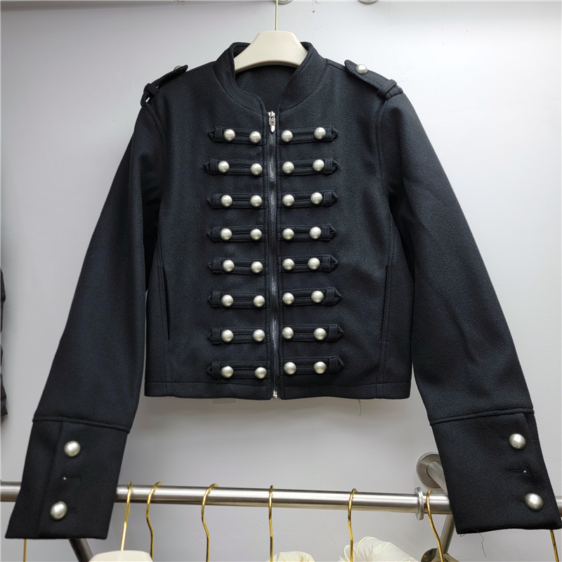 Retro Military Style Multi-Row Metal Buckle Short Coat for Women, Stand Collar with Epaulettes, Woolen Short Jacket for Petite Fashionistas Retro Military Style Multi-Row Metal Buckle Short Coat for Women, Stand Collar with Epaulettes, Woolen Short Jacket for Petite Fashionistas