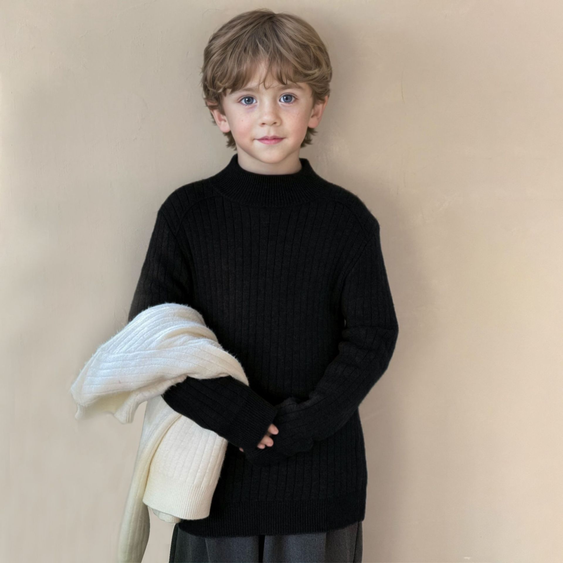 Suéter de ropa infantil otoño e invierno nuevo suéter de lana de niñas de cuello medio alto suéter de punto de estilo extranjero overhead camiseta de fondo de moda