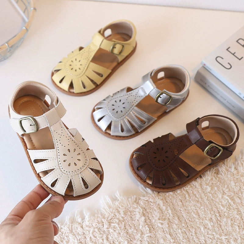 Детские летние сандалии из натуральной кожи, корейский стиль, Лолита, мягкая подошва, дышащие, с перфорацией, пляжные сандалии для девочек.