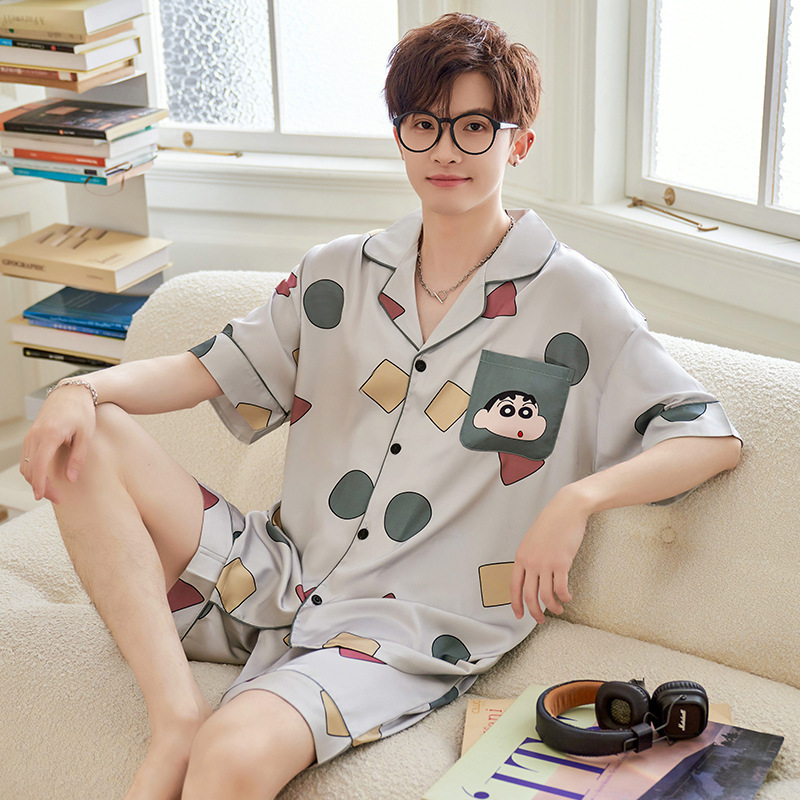 Pajamas Men's Summer Ice Silk Short-sleeved Shorts Cartoon Crayon Shin Young Student Home Clothes Set