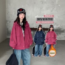 女童加绒加厚冲锋衣外套秋冬新款韩系连帽宽松保暖夹克中大童潮酷