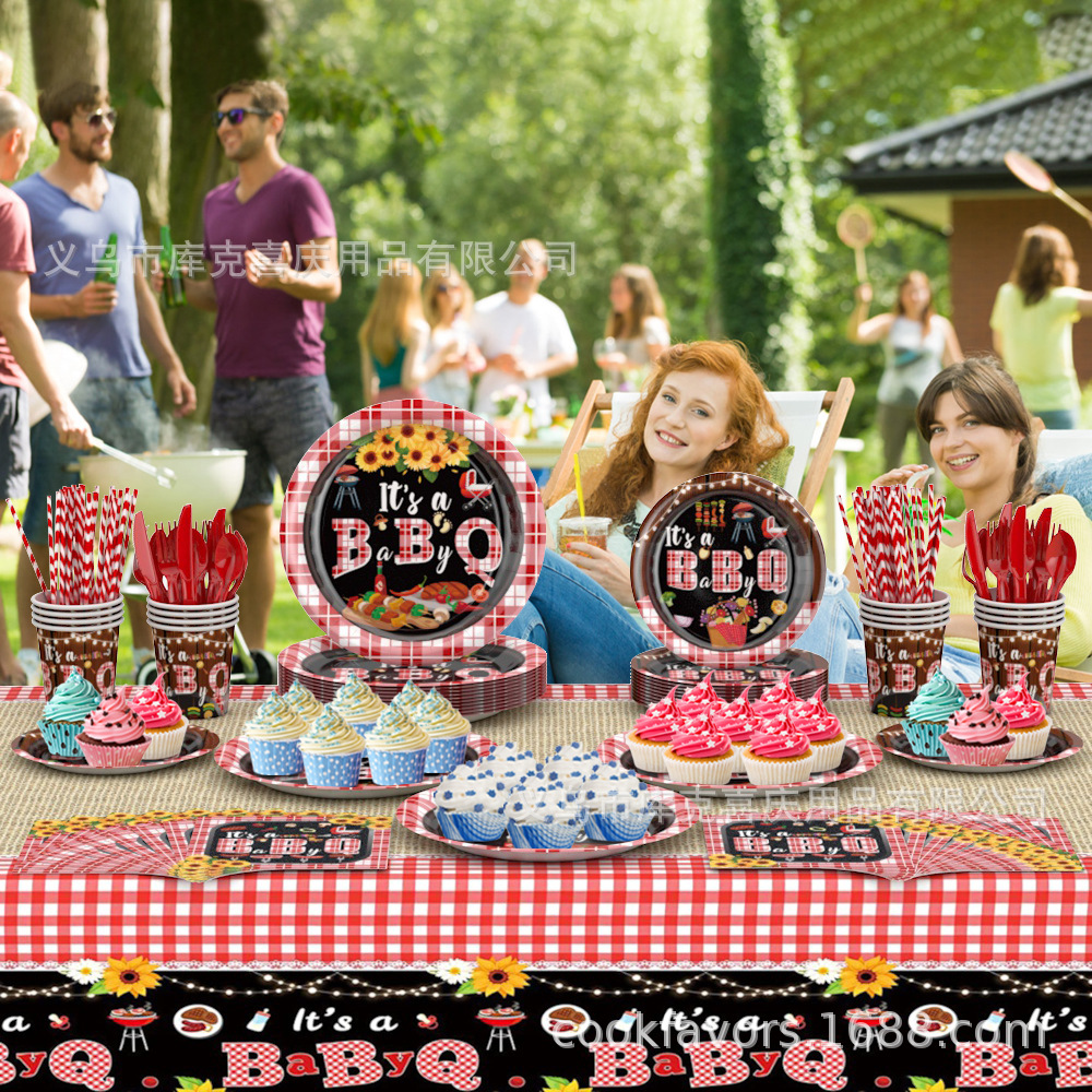 BBQ transfronterizo suministros de decoración de fiesta de baño de bebé bautismo de bebé bandeja de papel desechable taza de papel para tirar de la decoración de la bandera