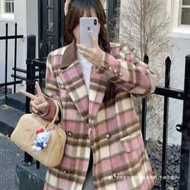 大码秋冬新款时尚百搭气质格纹毛呢外套洋气宽松遮肉显瘦呢子大衣