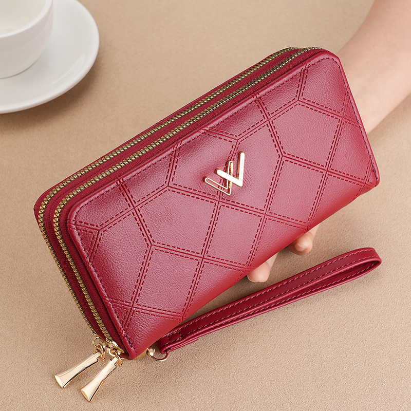 2026 New Fashionable Double-Layer Zipper Clutch Bag with Embossed Design, High-End Style, Letter Double V Wallet with Card Slots