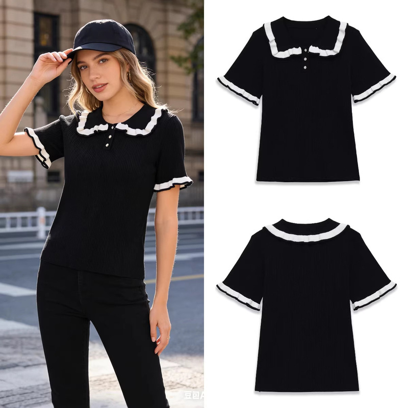 Za Foreign Trade Cross-Border Wholesale European and American Style Women's Clothing Summer Fashion Women's Lace Knitted Polo Collar T-Shirt Za Foreign Trade Cross-Border Wholesale European and American Style Women's Clothing Summer Fashion Women's Lace Knitted Polo Collar T-Shirt