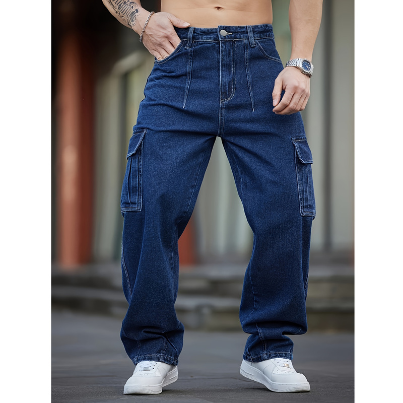 Men's Washed Dark Blue Workwear Jeans - Casual, Multi-Pocket Design, Loose-Fit Wide-Leg Pants Men's Washed Dark Blue Workwear Jeans - Casual, Multi-Pocket Design, Loose-Fit Wide-Leg Pants