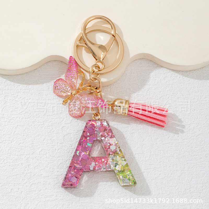 New Sequin Resin English 26-Letter Keychain in Stock for Women, Simple Pendant, European and American Popular Butterfly Tassel