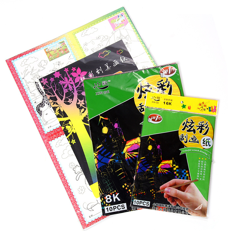 100 piezas de papel de rasguño colorido para niños A4 pintura de rasguño 16K papel de cera de rasguño 8 papel de pintura de arena abierto estudiante DIY libro de pintura de rasguño