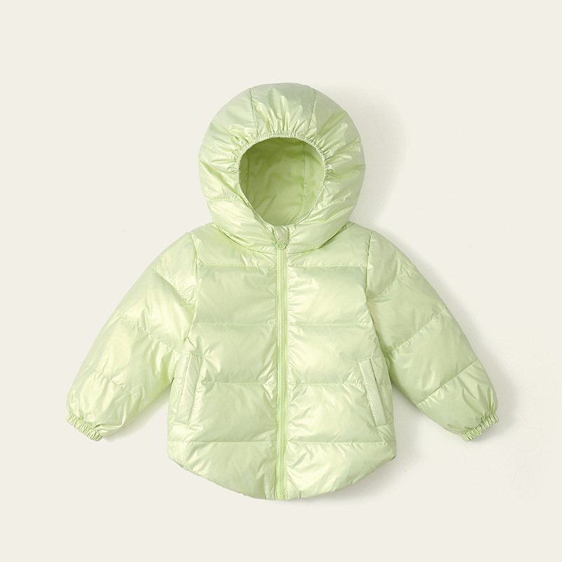 Invierno nuevo pequeño y mediano niños y niñas con capucha color sólido abajo chaqueta pato blanco abajo acolchado