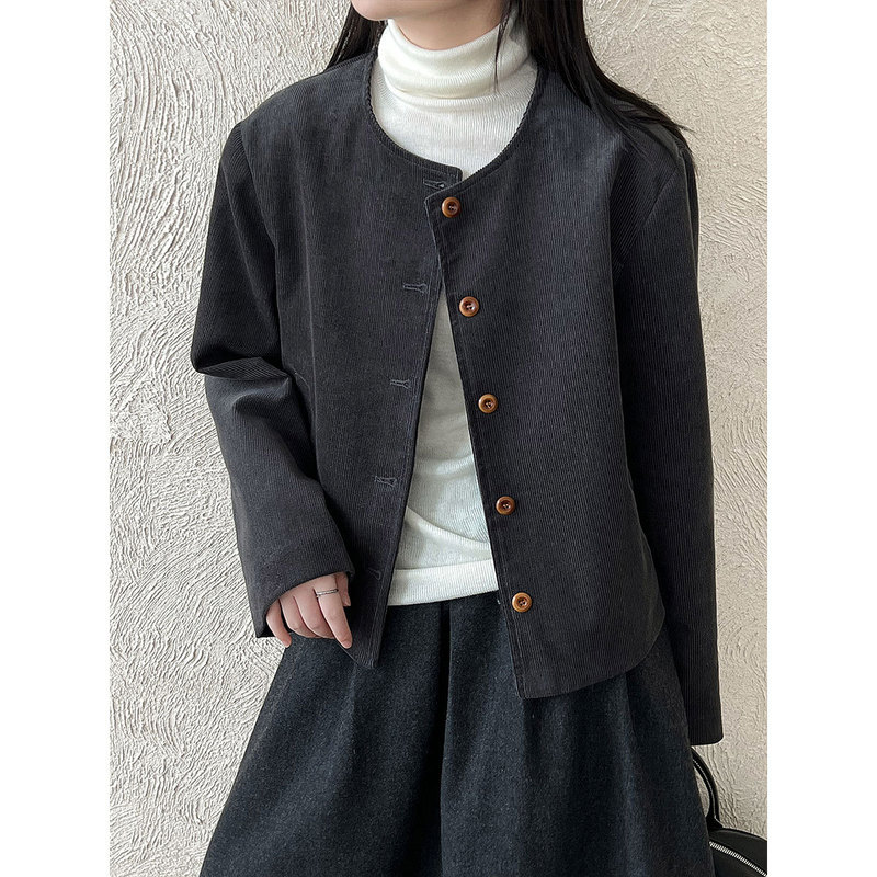 Lushi Meilade Retro Single-Breasted Short Round-Neck Corduroy Jacket for Women, Autumn Slim-Fit Long-Sleeve Jacket 3737