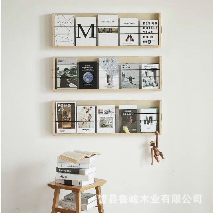 日系木质墙壁置物架氛围感咖啡厅杂志报刊收纳架壁挂式唱片展示架