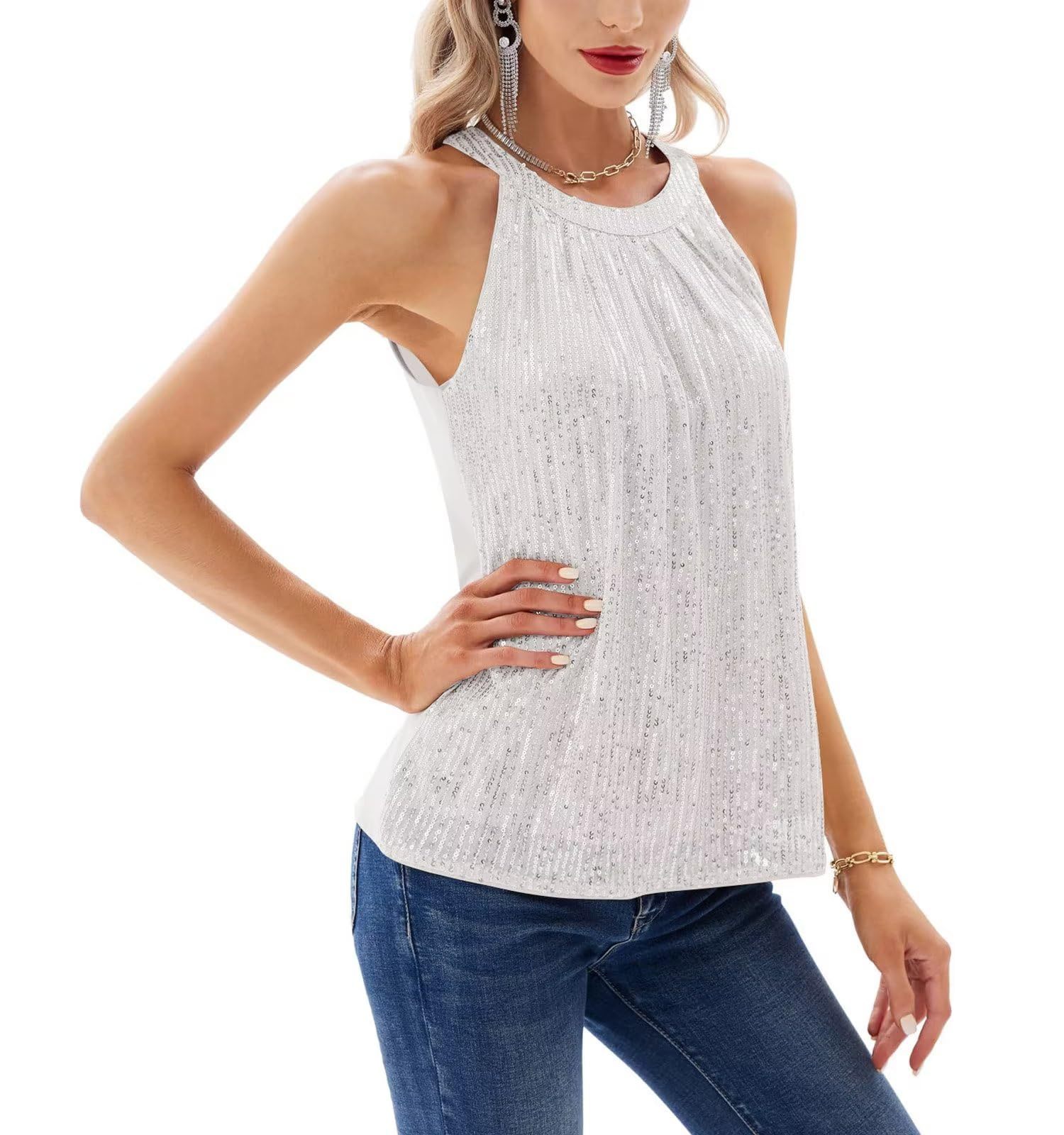 Top donna scollo all americana con paillettes girocollo moda_voghion.com