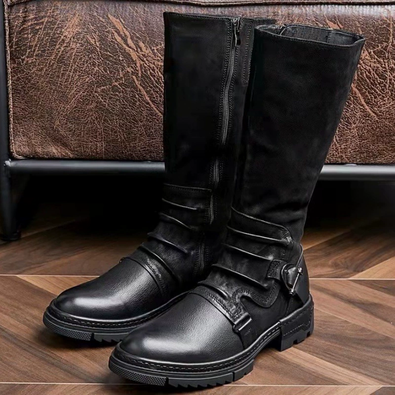 Внешнеторговый квадрат высокие мужские сапоги большого размера зимой коричневый стежок