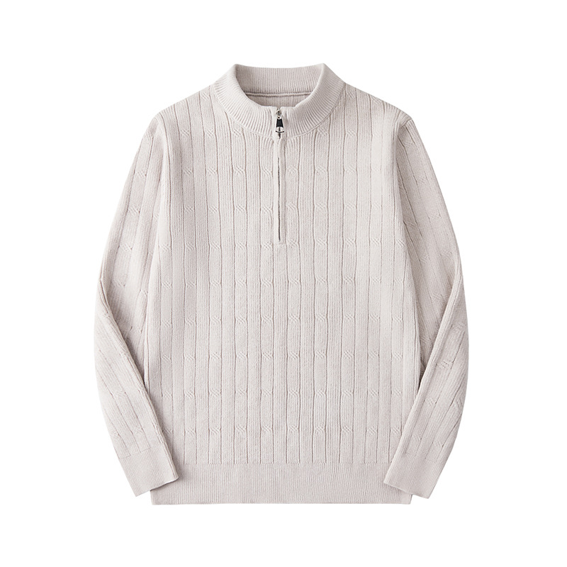 Maglione invernale da uomo in maglia jacquard con cerniera, motivo a blocchi di colore e a righe, strato di base spesso da 320 g, vestibilità ampia e collo alto._voghion.com