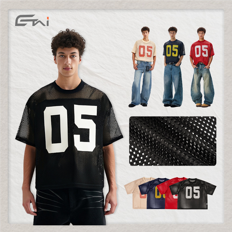 Inventario al por mayor corto y ancho modelo de malla callejera suelta manga corta impresión deportiva casual camiseta de hombre camiseta superior