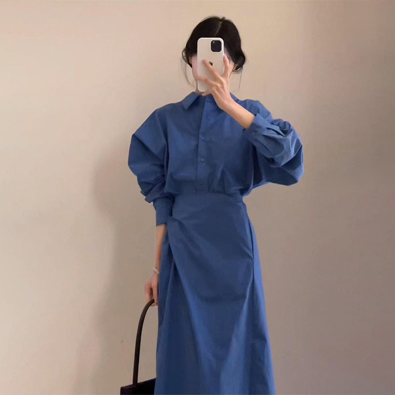 早秋穿搭蓝色长袖衬衫连衣裙子女秋季2025新爆款高级感套装长裙|undefined