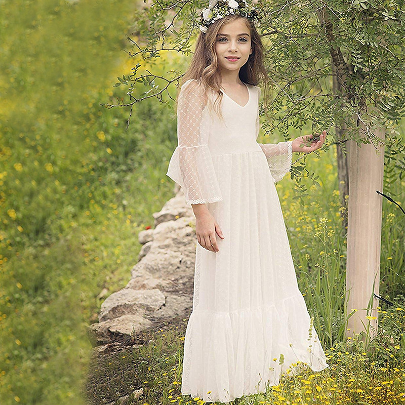 Nuevo europeo y americano transfronterizo vestido de novia para niños niñas encaje manga larga Rendimiento De Cumpleaños simple vestido de princesa entrega