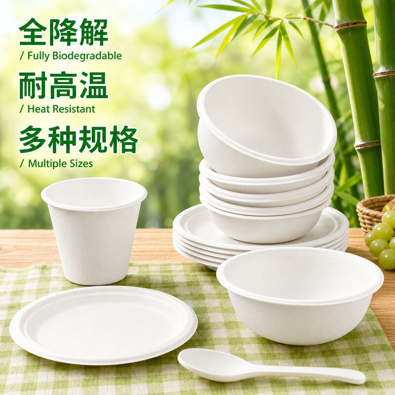 Disposable tableware set, fully biodegradable, thickened, high-temperature resistant, popular for picnics, commercial use, and banquets