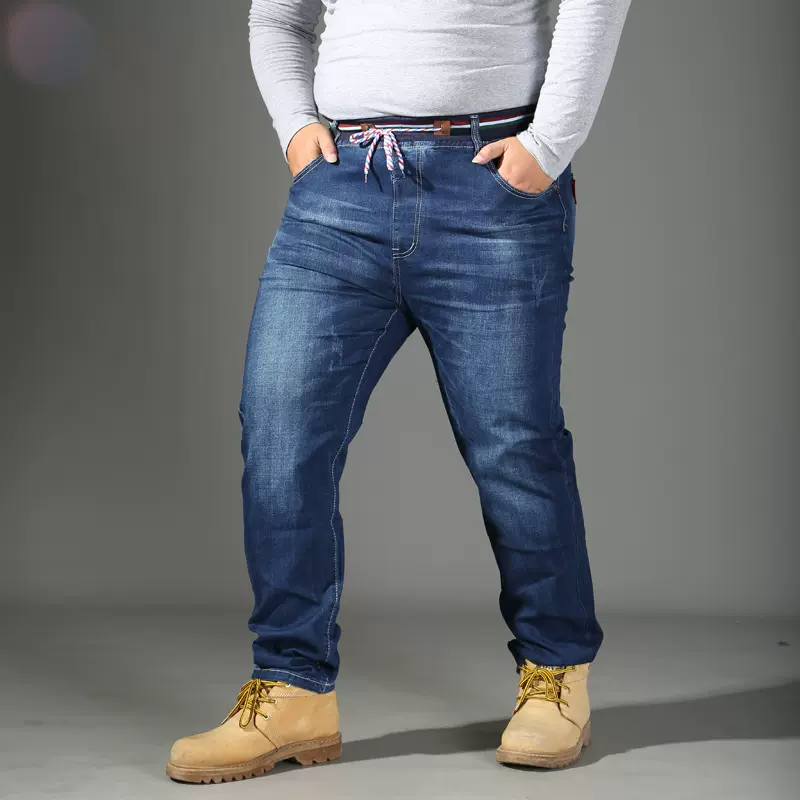 400斤特大码牛仔裤男罗纹松紧高腰直筒牛仔裤男士宽foreign trade
