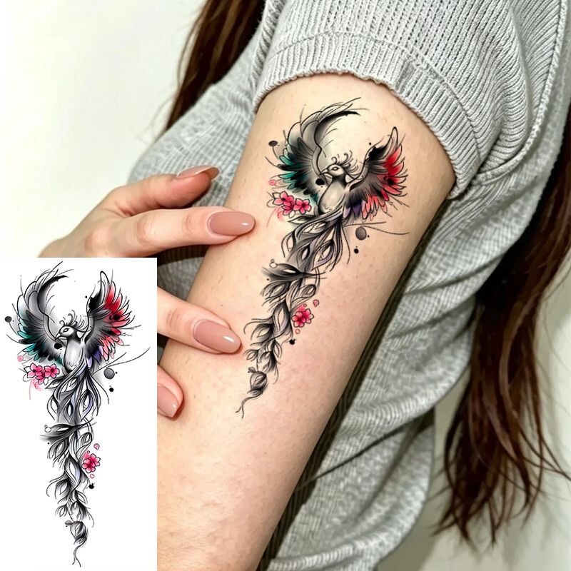 Colorful phoenix tattoo stickers, vertical long format, large floral design, suitable for the forearm or upper arm, waterproof, long-lasting, realistic, and personalized Colorful phoenix tattoo stickers, vertical long format, large floral design, suitable for the forearm or upper arm, waterproof, long-lasting, realistic, and personalized