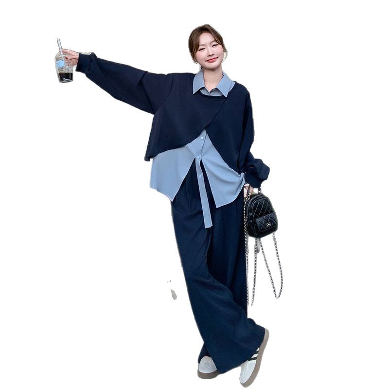 韩系大码女装新款春秋假两件拼接卫衣套装女时尚显瘦阔腿裤两件套|undefined
