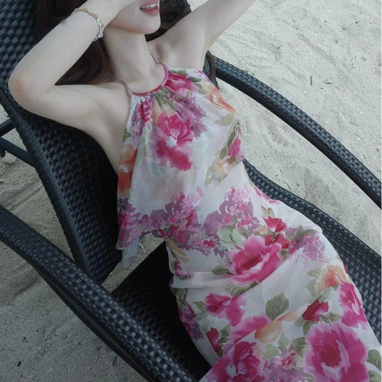 Xi Xiaoxi French-Style Vacation Fishtail Dress for Women, Summer Halter Neck, Off-Shoulder, Sleeveless, Waist-Cinching, Long Dress Xi Xiaoxi French-Style Vacation Fishtail Dress for Women, Summer Halter Neck, Off-Shoulder, Sleeveless, Waist-Cinching, Long Dress