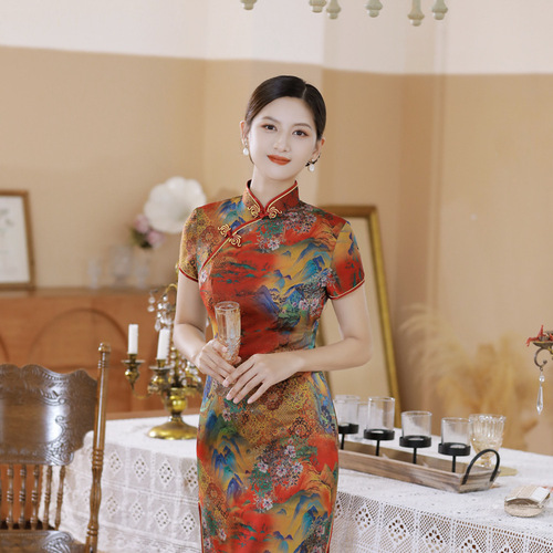  short-sleeved summer long silk young Chinese wind show thin cheongsam skirt big yards mother women&apos;s clothing wholesale