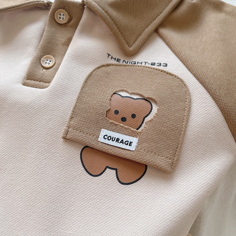 Children's Set 2023 New Polo Collar Sweater for Boys and Girls Cartoon Little Bear Contrast Color Long Sleeve Casual_voghion.com