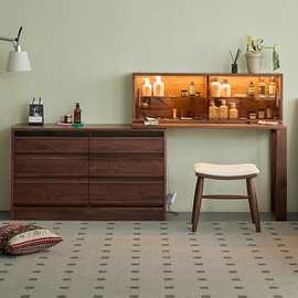 北美黑胡桃木卧室梳妆台斗柜一体化妆桌书桌床尾收纳柜伸缩转角桌