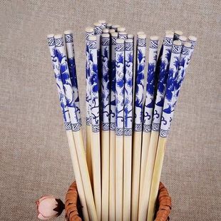 Disposable Bamboo Chopstick Sets with Blue and White Porcelain Pattern, Red Floral Chopsticks, Carbonized Chopsticks, Individually Packaged, High-End, Extended and Thickened