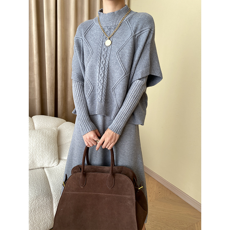 司南博主风层次叠穿麻花纹蝙蝠袖针织衫连衣裙两件套装