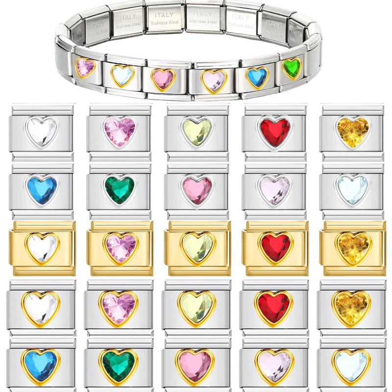 Modular Bracelet DIY Watch Strap with Heart-Shaped Rhinestones Original Design DIY Italian Charms Bracelet