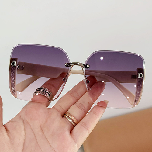 23 cross-border new style frameless edge-cut D's fashion sunglasses with large frame, small face, high-end sense, plain face and versatile sunglasses