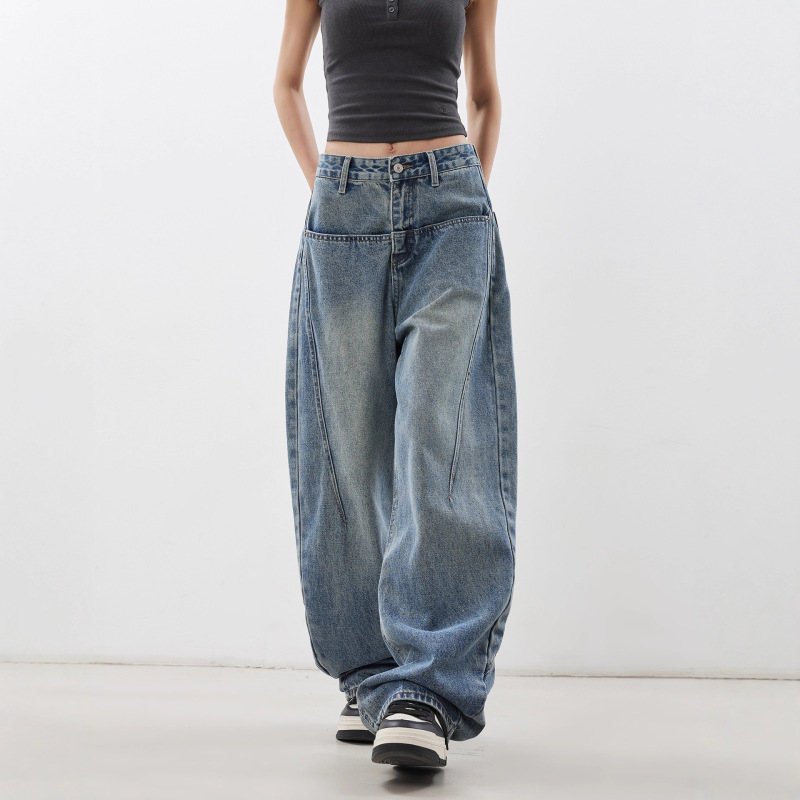 American-Style Blue Twill Scimitar Jeans for Women 2025 Loose Wide-Leg Pants with a High-Waisted Design, New Model
