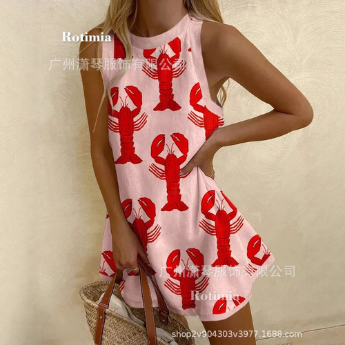 Spring Independent Store New European and American Women's Clothing Ocean Creatures Loose Sleeveless Medium Length Dress