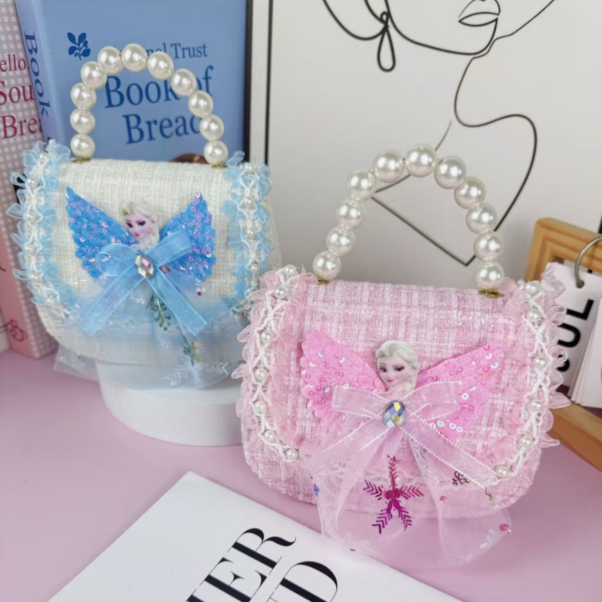 Cross-Border Children's Bag Cute Girl Elsa Princess Crossbody Bag Bow Pearl Handbag