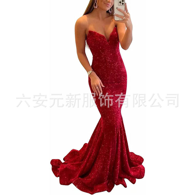 Europeo y americano Comercio exterior Amazon nuevo lentejuelas fishtail sexy V-cuello adelgazamiento largo banquete bola fiesta vestido de noche image 7