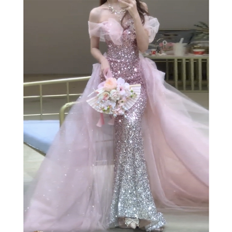 鱼尾晚礼服裙女一字肩宴会高端轻奢敬酒服新娘订婚高级感主持亮片