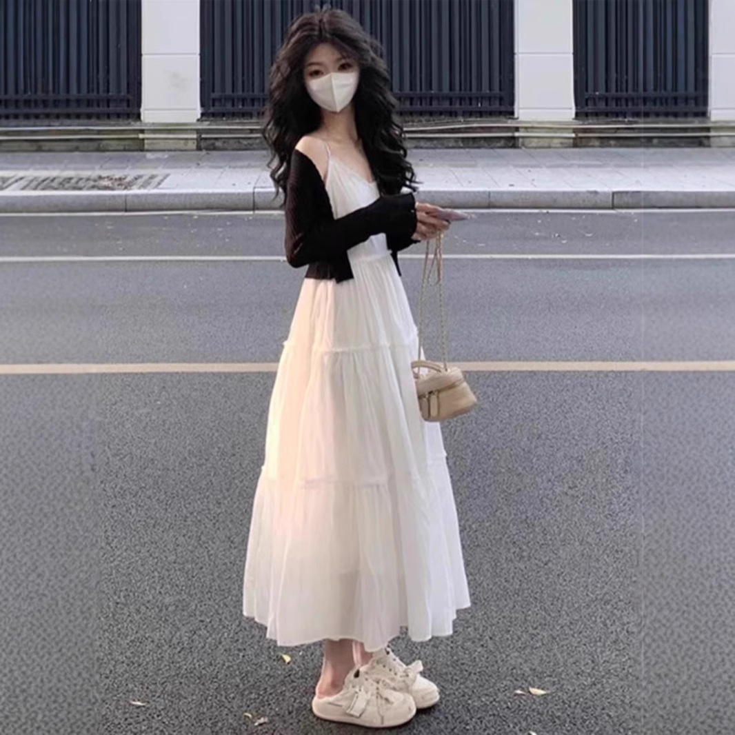 白色吊带连衣裙子夏装搭配一整套小个子韩系茶系穿搭淑女气质套装